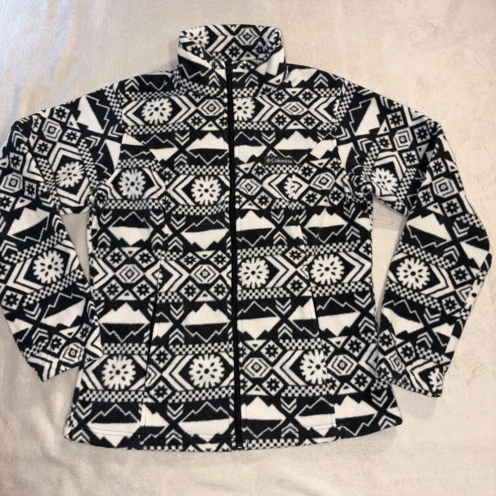 Columbia Womens Black White Geometric Tribal Aztec Fleece Full Zip Jacket Medium